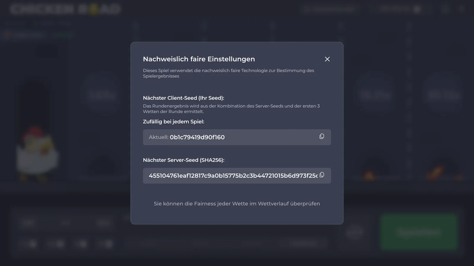 Das Fenster Nachweislich faire Einstellungen mit dem Client-Seed und dem Hash des nächsten Server-Seeds