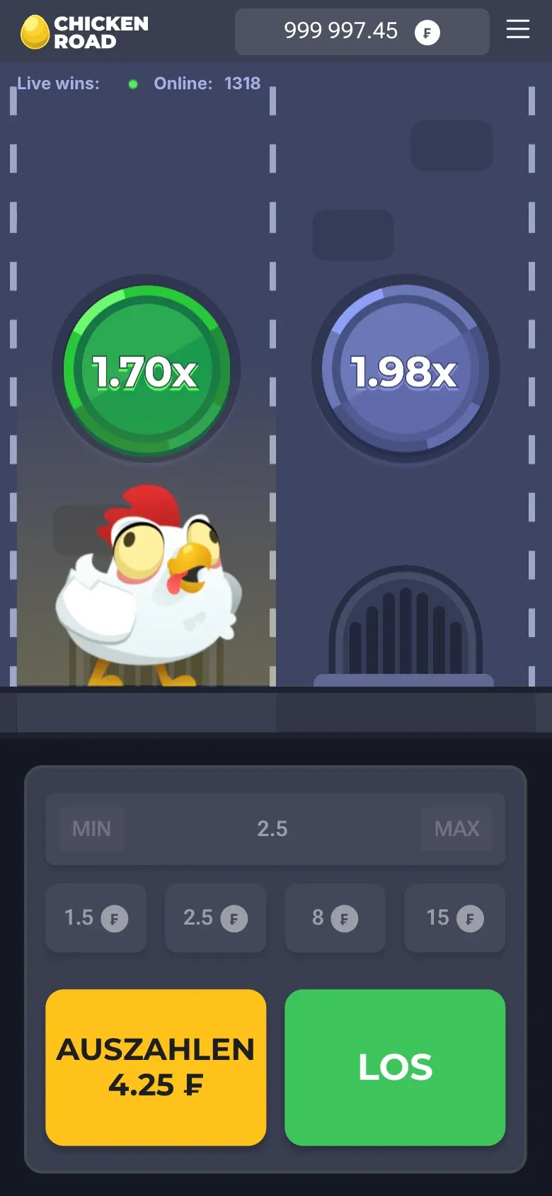 Chicken Road im Hochformat auf dem Handy: Guthaben oben, zwei Schilder mit 1.70x und 1.98x, unten Auszahlen 4.25 Franken und Los
