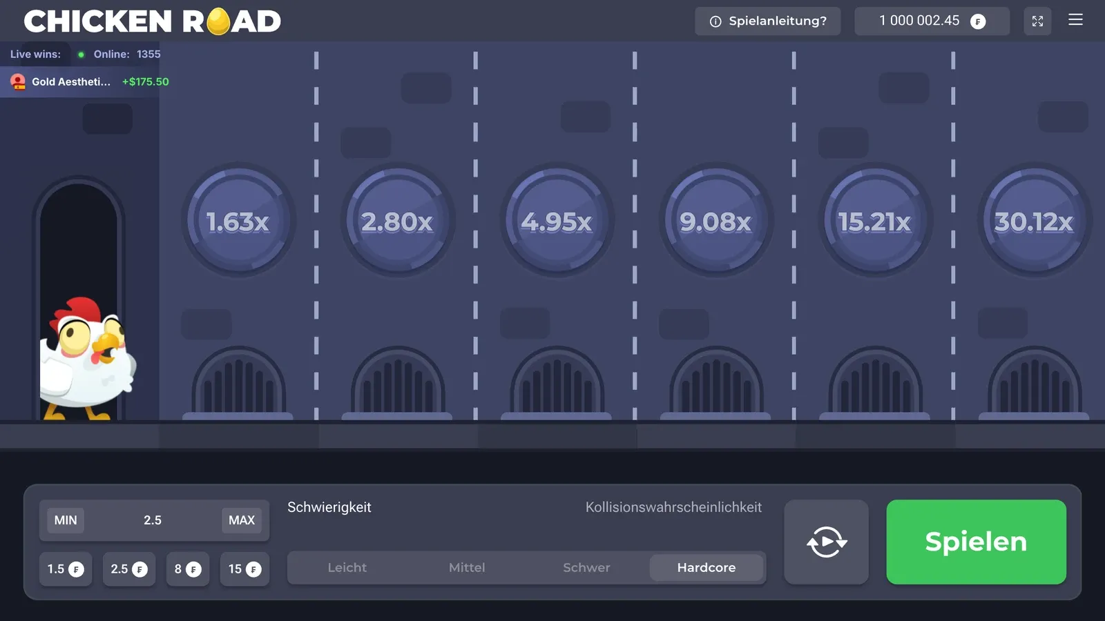 Chicken Road auf Hardcore in der deutschen Demo mit den Schildern 1.63x, 2.80x, 4.95x, 9.08x, 15.21x und 30.12x