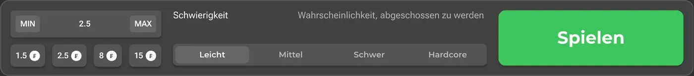 Die Bedienleiste von Chicken Road 2 in der deutschen Demo mit Einsatz, Schwierigkeit und der Anzeige Wahrscheinlichkeit, abgeschossen zu werden