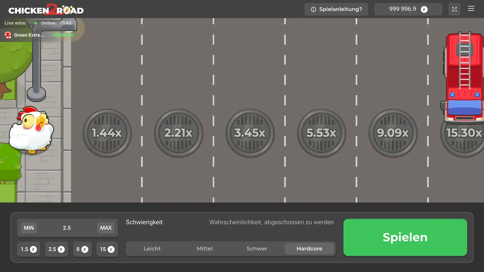 Chicken Road 2 auf Hardcore in der deutschen Demo mit den Feldern 1.44x, 2.21x, 3.45x, 5.53x, 9.09x und 15.30x