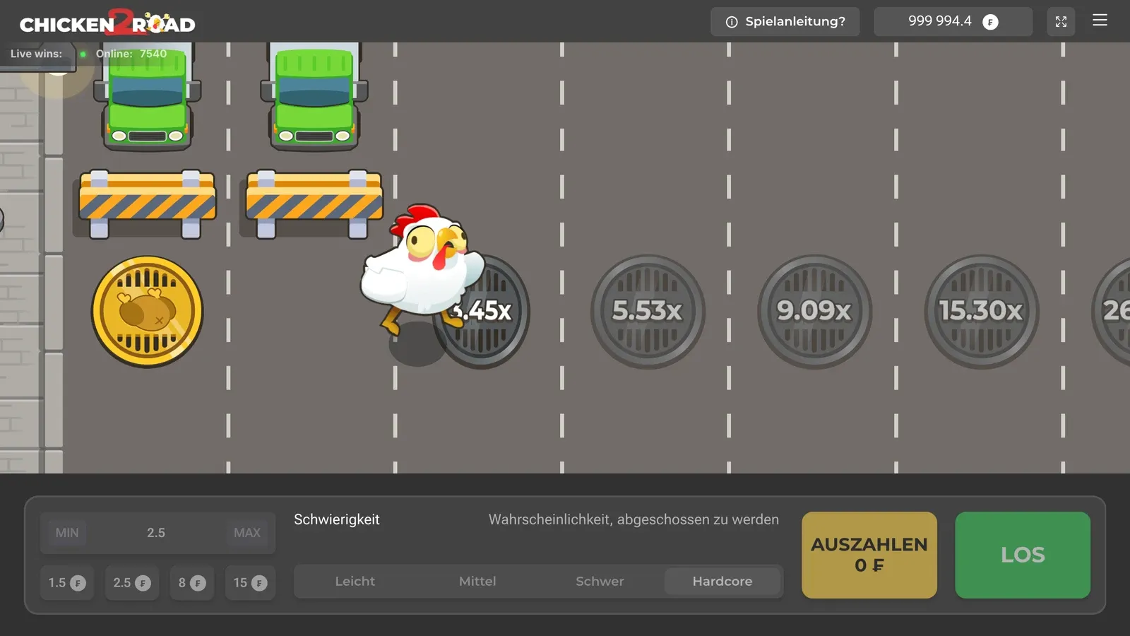 Chicken Road 2 auf Hardcore kurz nach dem Aus: Lastwagen auf der Strasse, der Knopf Auszahlen zeigt 0 Franken