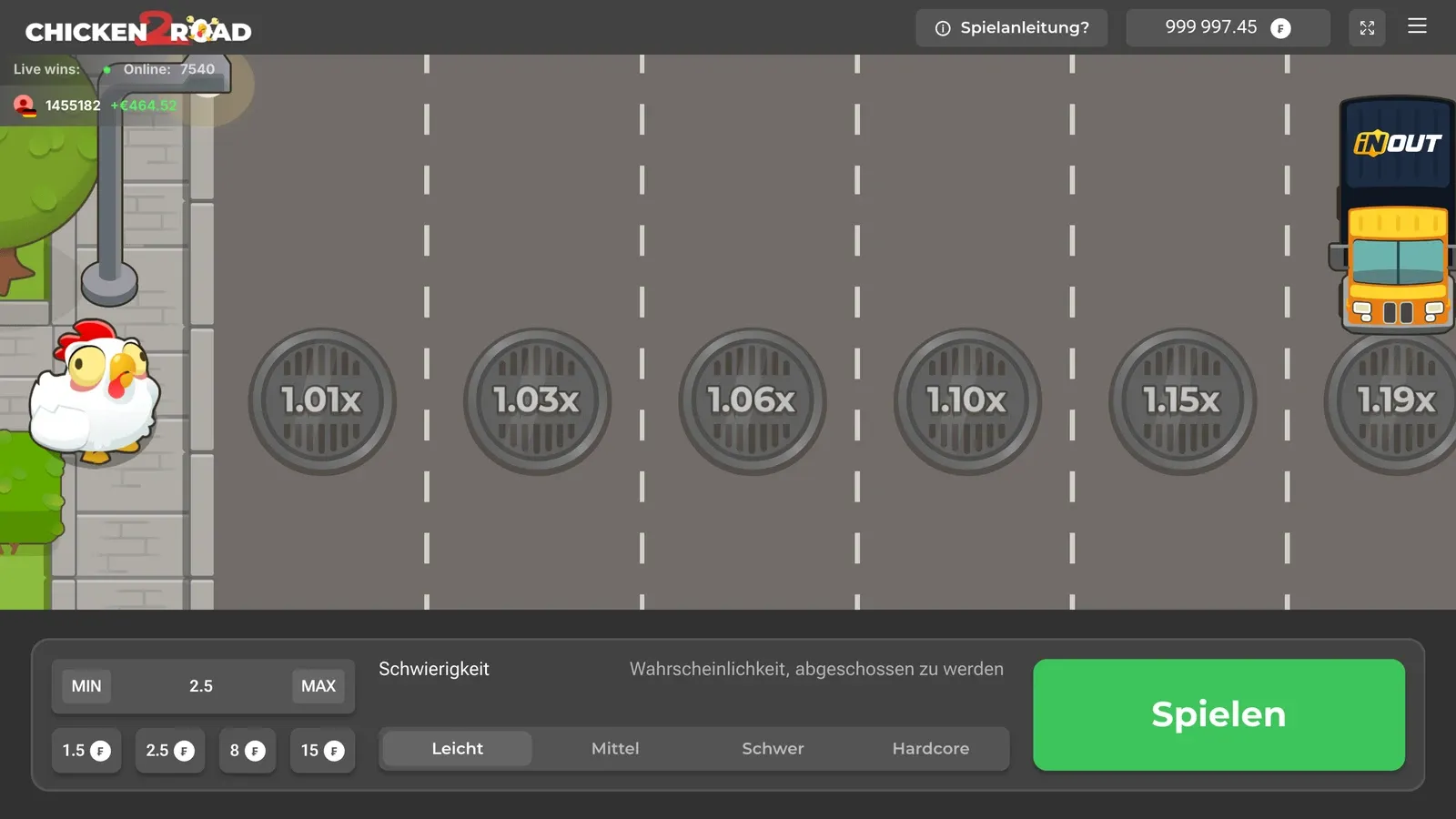 Chicken Road 2 in der deutschen Demo auf Leicht mit den Schildern 1.01x, 1.03x, 1.06x, 1.10x, 1.15x und 1.19x und Autos auf der Strasse