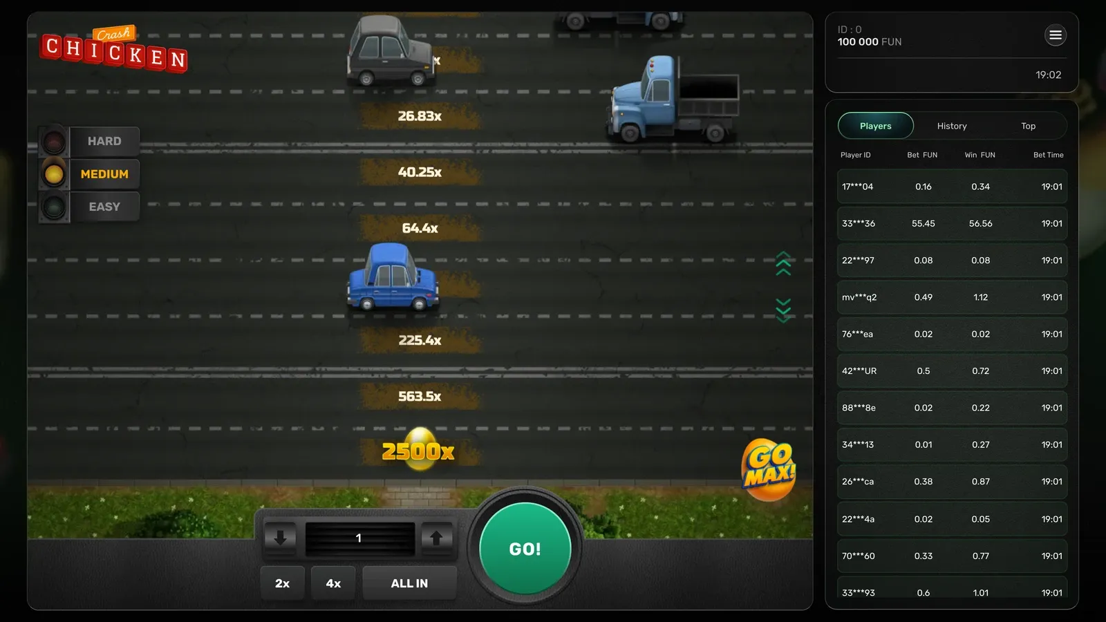 Chicken Crash mit dem Knopf Go Max, der das Huhn Richtung Ende der Strasse schickt
