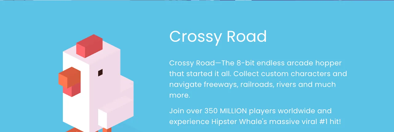 Die offizielle Seite von Crossy Road mit dem klötzchenförmigen Huhn