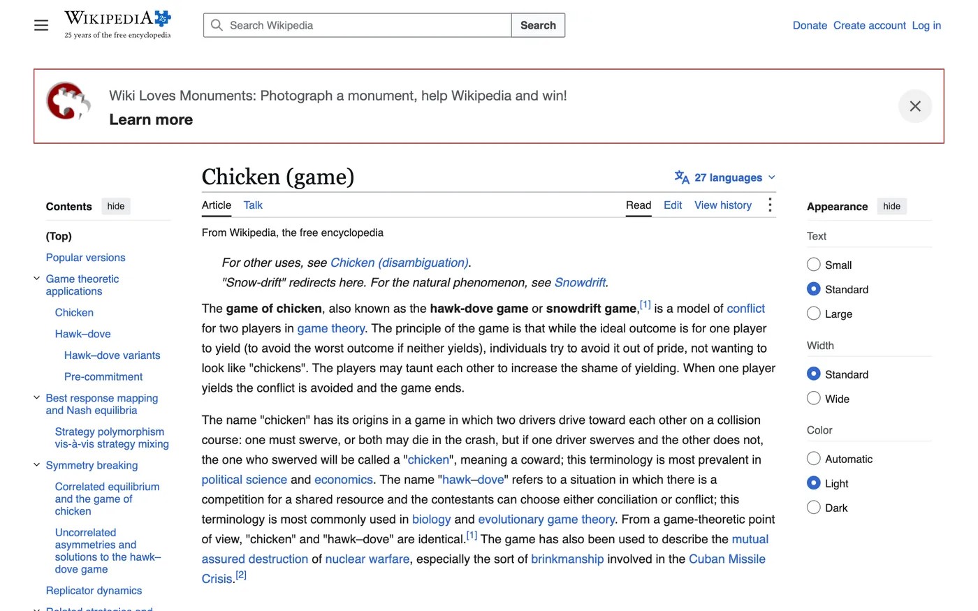 Der englische Wikipedia-Artikel Chicken (game) über das Modell der Spieltheorie