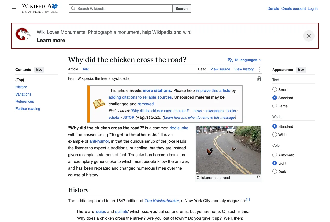 Der englische Wikipedia-Artikel zum Witz Why did the chicken cross the road