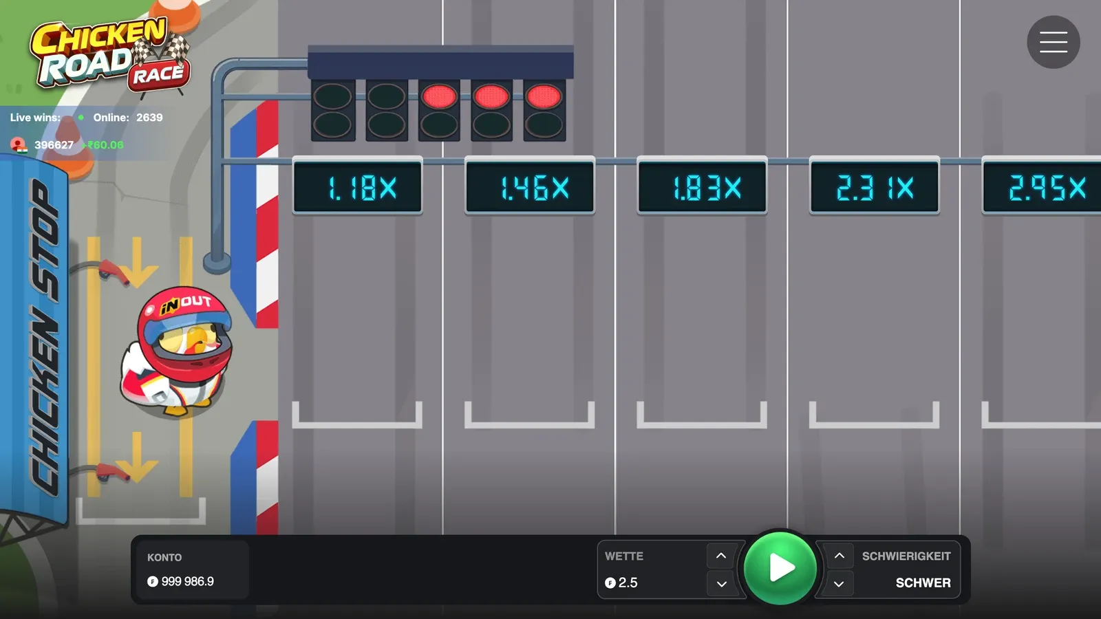 Chicken Road Race auf Schwer in der deutschen Demo mit den Anzeigen 1.18x, 1.46x, 1.83x, 2.31x und 2.95x