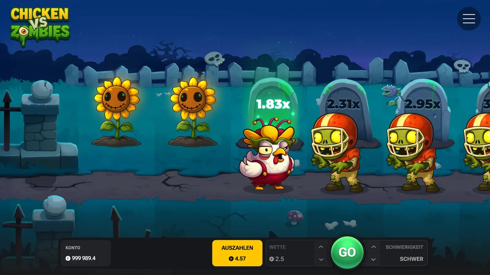 Eine Runde Chicken vs Zombies auf Schwer: Das Huhn steht auf 1.83x vor den Zombies